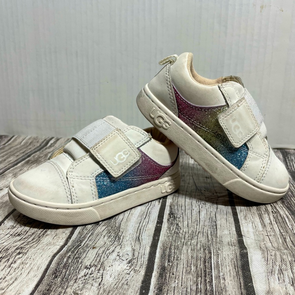 Toddler size 7 UGGs sneakers CUTE white with rainbow glitter sides used but guc